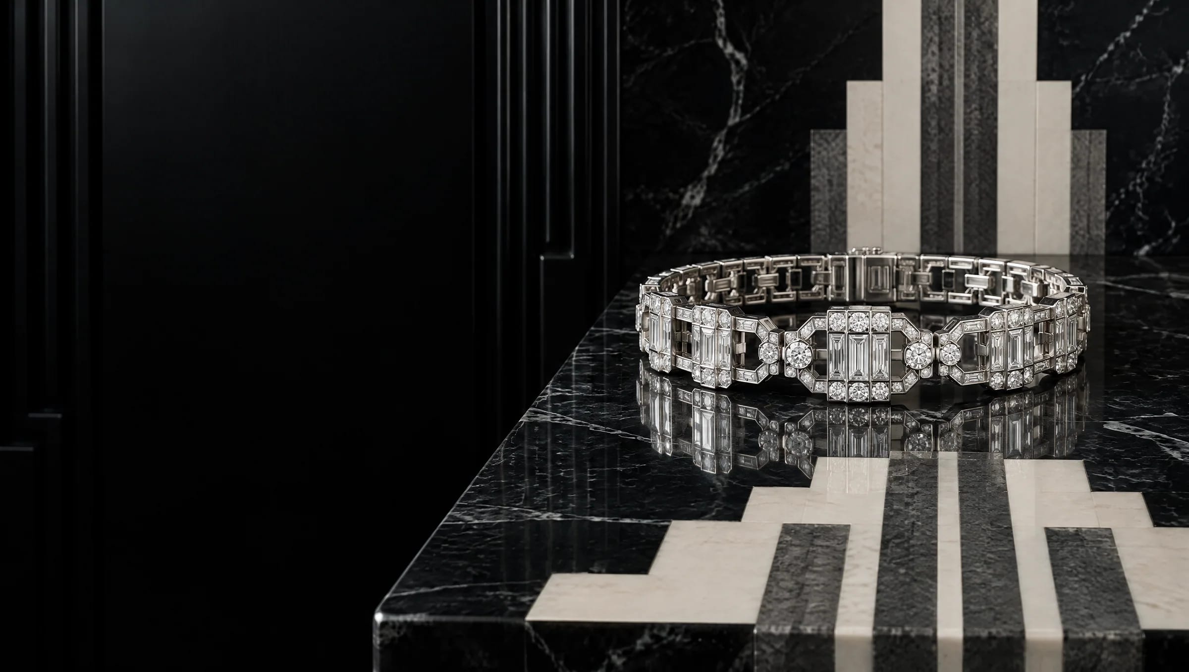 Platinový náramok v štýle Art Déco s bagetovými diamantmi na čiernom mramore s geometrickou intarziou